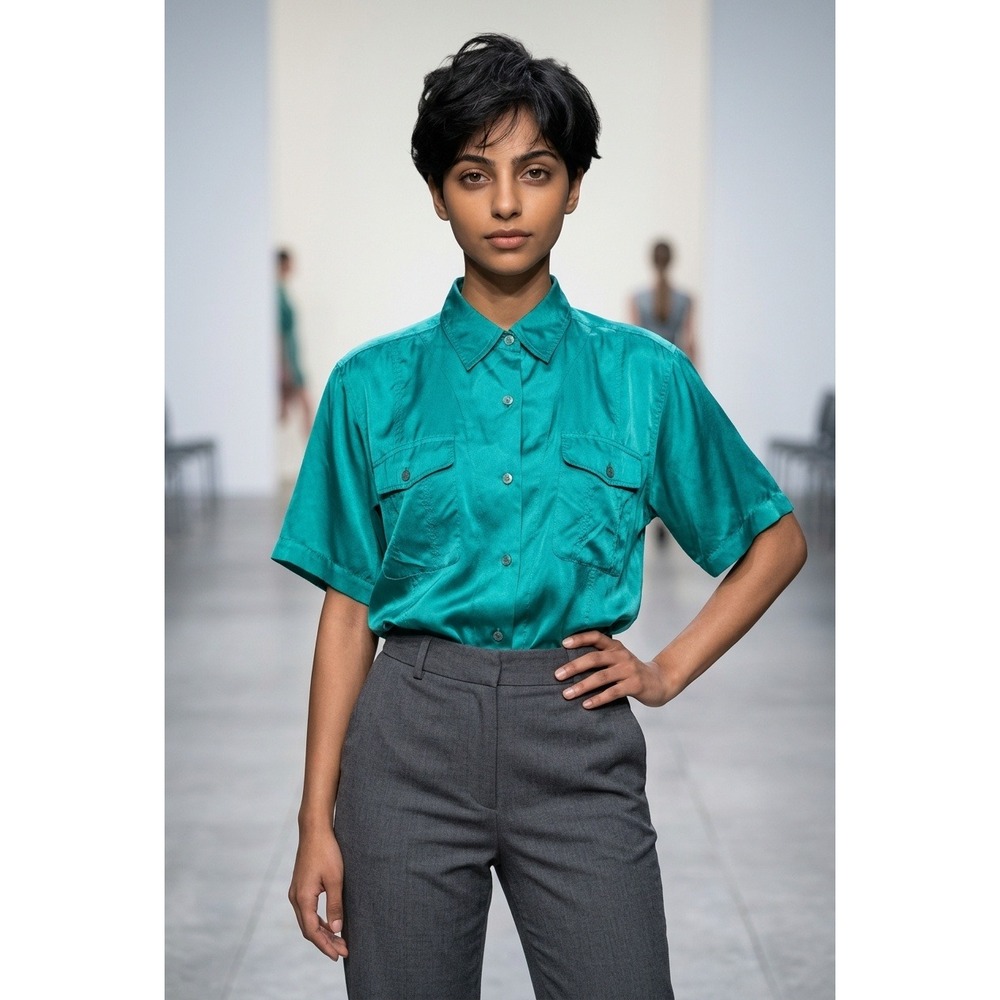 Styles To Go Womens Teal 100% Silk Short Sleeve Button Down Shirt Sm 90's Casual